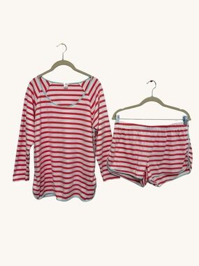 LAKE Pima Cotton Pajama Set Women's Large Coral Stripe 3/4 Sleeve Top PJ Shorts